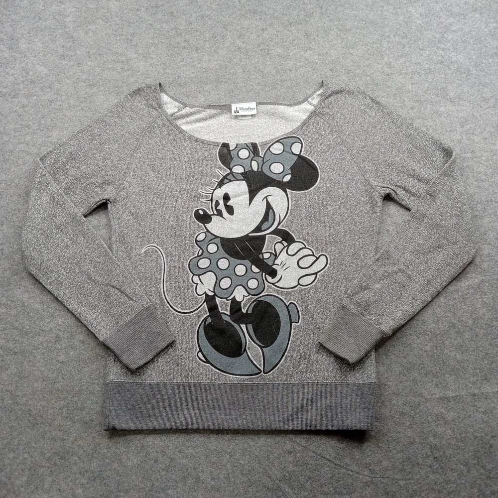 Disney Parks Minnie Mouse‎ Sweater Womens Medium Gray Raglan Pullover Sweatshirt